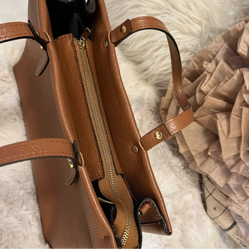Vera Pelle Tan Brown Pebbled Leather Neutral Two Handle Tote Laptop Bag Purse